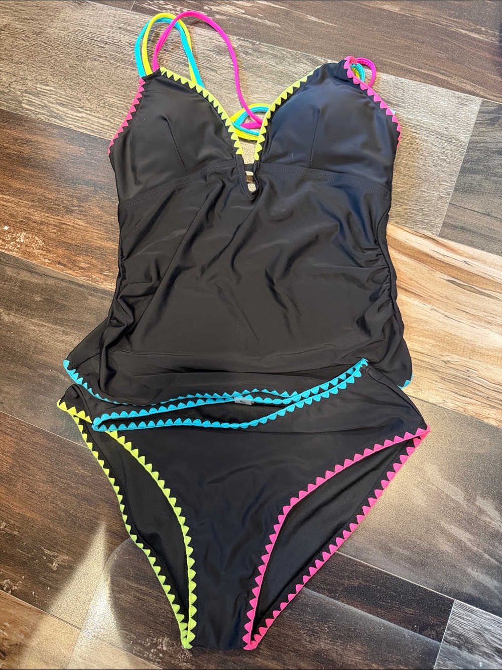 Popvil Folklore Cut Out High Waist Tankini Set Black Neon Size M, NWT